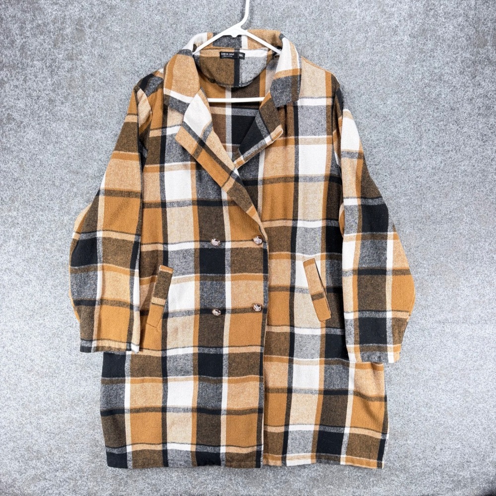 SHEIN Curve Women 3XL Plaid Longline Coat Brown Black Double Breasted Plus Size